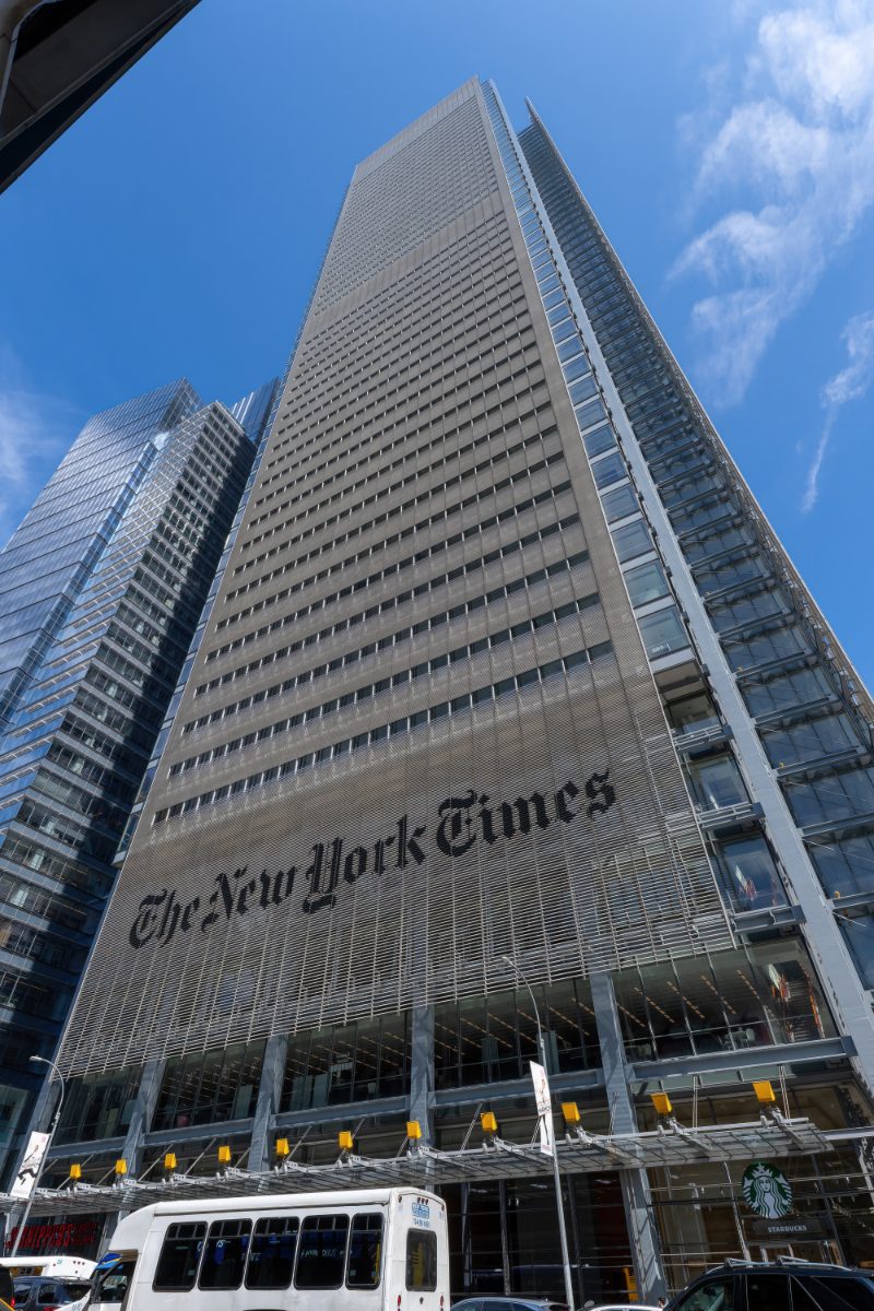 NY Times Building at 620 Eighth Avenue, Midtown — Renzo Piano's ceramic-rod sunscreen facade with the iconic blackletter masthead, home of JAMS New York.